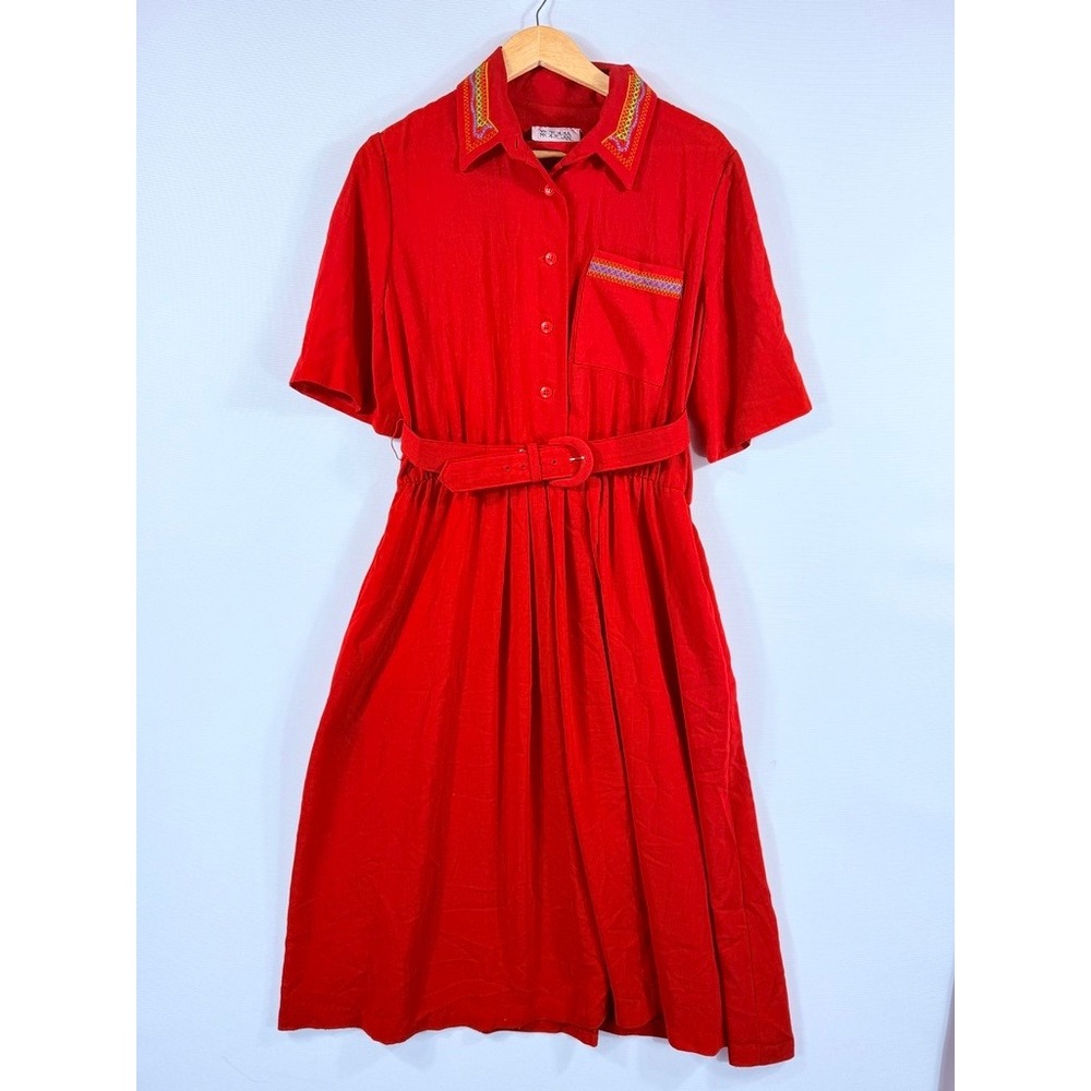 Victoria Morgan Shirt Dress Womens 12 Red Embroidered Belted Vintage Rockabilly